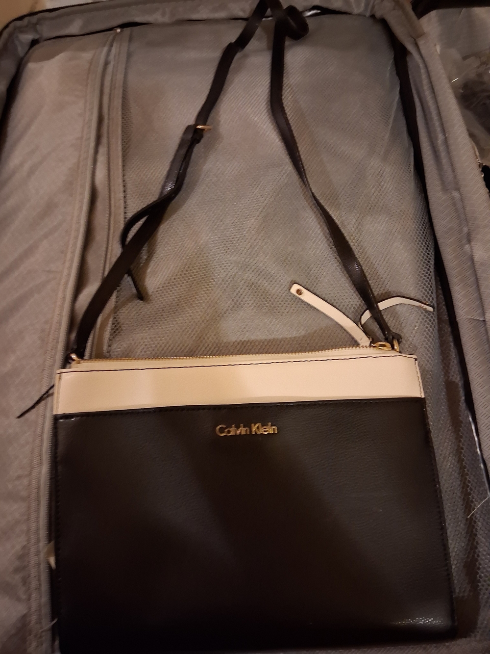 Calvin Klein Black and Cream Leather Crossbody Purse
